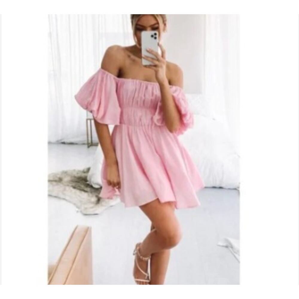 Aiyana Women's Bubblegum Pink Puff Sleeve Poof Off Shoulder Mini Dress Size 4